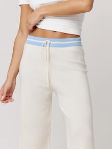 Musera Petite White Low Rise Contrast Drawstring Waistband Wide Leg Knit Trousers Autumn Winter Back To School Daily Everyday - Cream - View 5