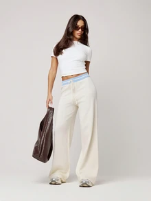 Musera Petite White Low Rise Contrast Drawstring Waistband Wide Leg Knit Trousers Autumn Winter Back To School Daily Everyday - Cream - View 1