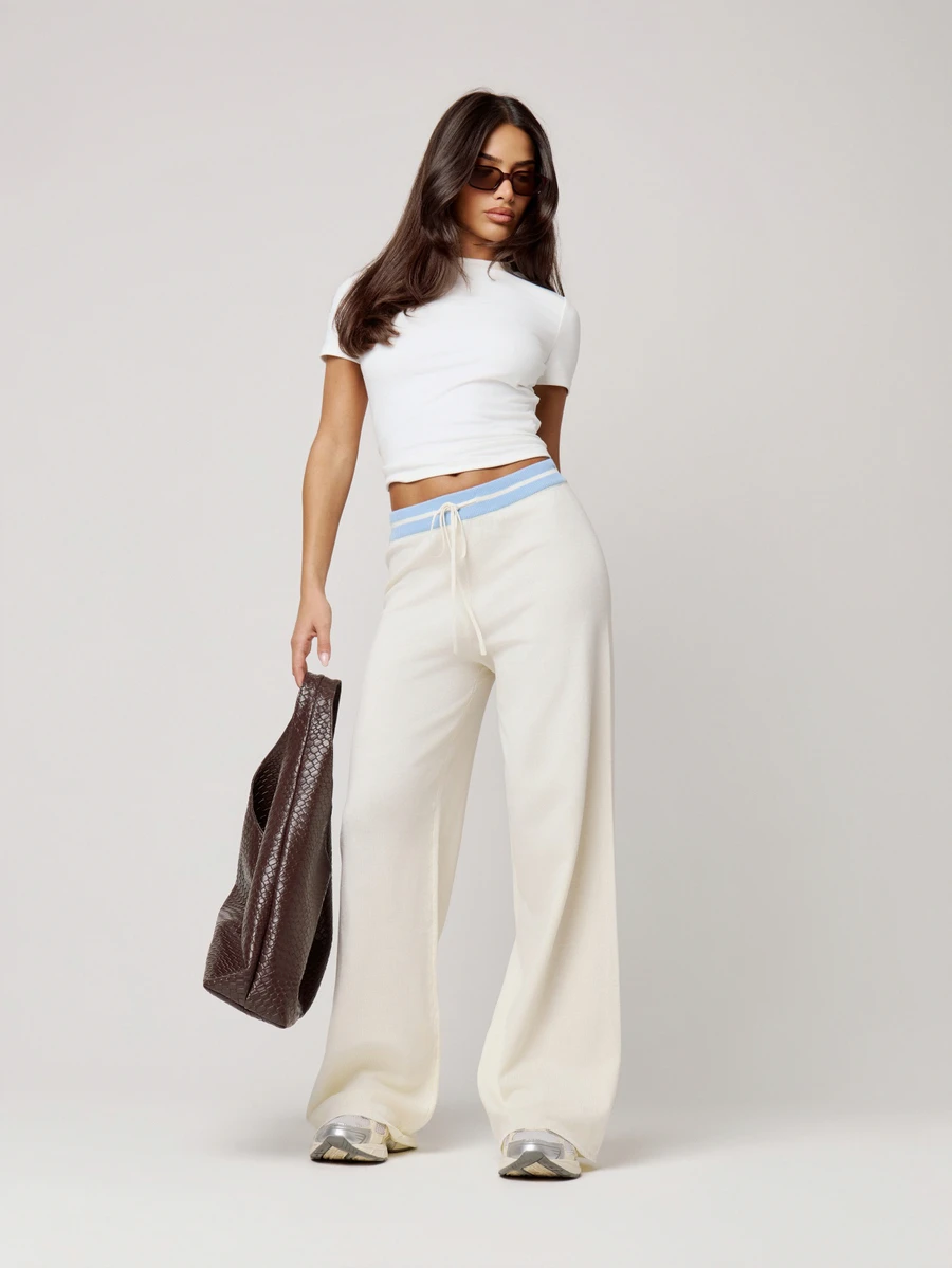 Musera Petite White Low Rise Contrast Drawstring Waistband Wide Leg Knit Trousers Autumn Winter Back To School Daily Everyday - Cream - View 1