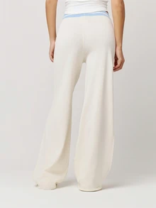Musera Petite White Low Rise Contrast Drawstring Waistband Wide Leg Knit Trousers Autumn Winter Back To School Daily Everyday - Cream - View 3