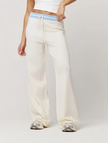 Musera Petite White Low Rise Contrast Drawstring Waistband Wide Leg Knit Trousers Autumn Winter Back To School Daily Everyday - Cream - View 2