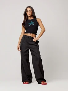 Musera Petite Black Wide Leg Tailored Trousers Autumn Winter Daily Everyday Going Out Occasion - Black - View 1
