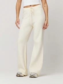 Musera Petite Knitted Drawstring Waist Wide Leg Relaxed Trousers Autumn Winter Back To School Daily Everyday - Khaki - View 2