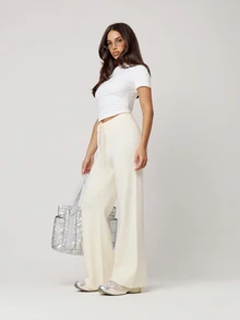 Musera Petite Knitted Drawstring Waist Wide Leg Relaxed Trousers Autumn Winter Back To School Daily Everyday - Khaki - View 1