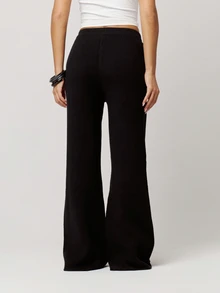 Musera Petite Knitted Drawstring Waist Wide Leg Relaxed Trousers Autumn Winter Back To School Daily Everyday - Black - View 3