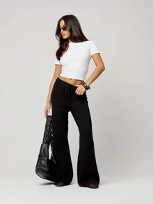 Musera Petite Knitted Drawstring Waist Wide Leg Relaxed Trousers Autumn Winter Back To School Daily Everyday - Black - View 2
