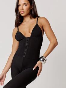 Musera Petite Black Plunge Hook And Eye Corset Detail Fitted Capri Jumpsuit Fall Autumn Winter Back To School Daily Everyday - Black - View 4