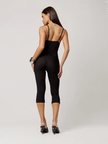 Musera Petite Black Plunge Hook And Eye Corset Detail Fitted Capri Jumpsuit Fall Autumn Winter Back To School Daily Everyday - Black - View 3