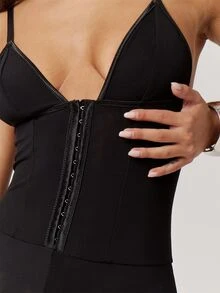 Musera Petite Black Plunge Hook And Eye Corset Detail Fitted Capri Jumpsuit Fall Autumn Winter Back To School Daily Everyday - Black - View 5