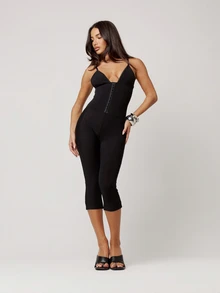 Musera Petite Black Plunge Hook And Eye Corset Detail Fitted Capri Jumpsuit Fall Autumn Winter Back To School Daily Everyday - Black - View 2