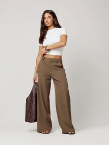 Musera Petite Brown Loose Fit Tailored Pants Fall Autumn Winter Back To School Daily Everyday - Brown - View 1