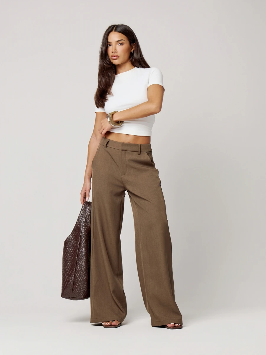 Musera Petite Brown Loose Fit Tailored Pants Fall Autumn Winter Back To School Daily Everyday - Brown - View 1