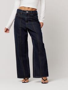 Musera Petite Dark Wash Denim Wide Leg Double Stitch Seam Front Jeans Bottoms Fall Autumn Winter Back To School Daily Everyday - Blue - View 2
