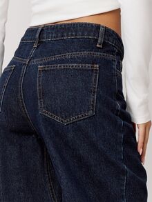 Musera Petite Dark Wash Denim Wide Leg Double Stitch Seam Front Jeans Bottoms Fall Autumn Winter Back To School Daily Everyday - Blue - View 4
