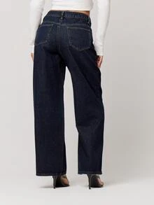Musera Petite Dark Wash Denim Wide Leg Double Stitch Seam Front Jeans Bottoms Fall Autumn Winter Back To School Daily Everyday - Blue - View 3