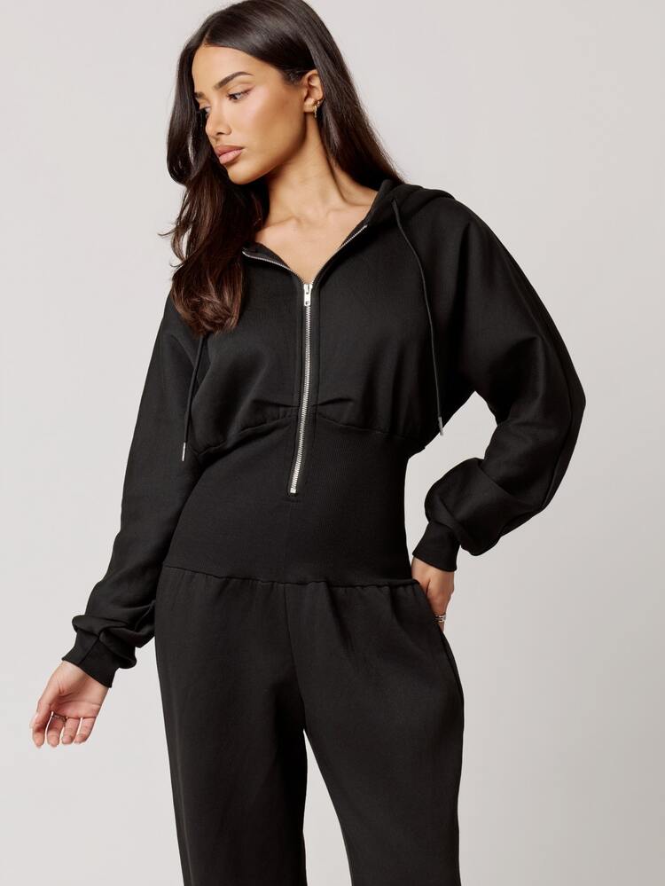 Musera Petite Black Hooded Zip Through Cinched Waist Jumpsuit Fall Autumn Winter Back To School Daily Everyday - Black - View 4