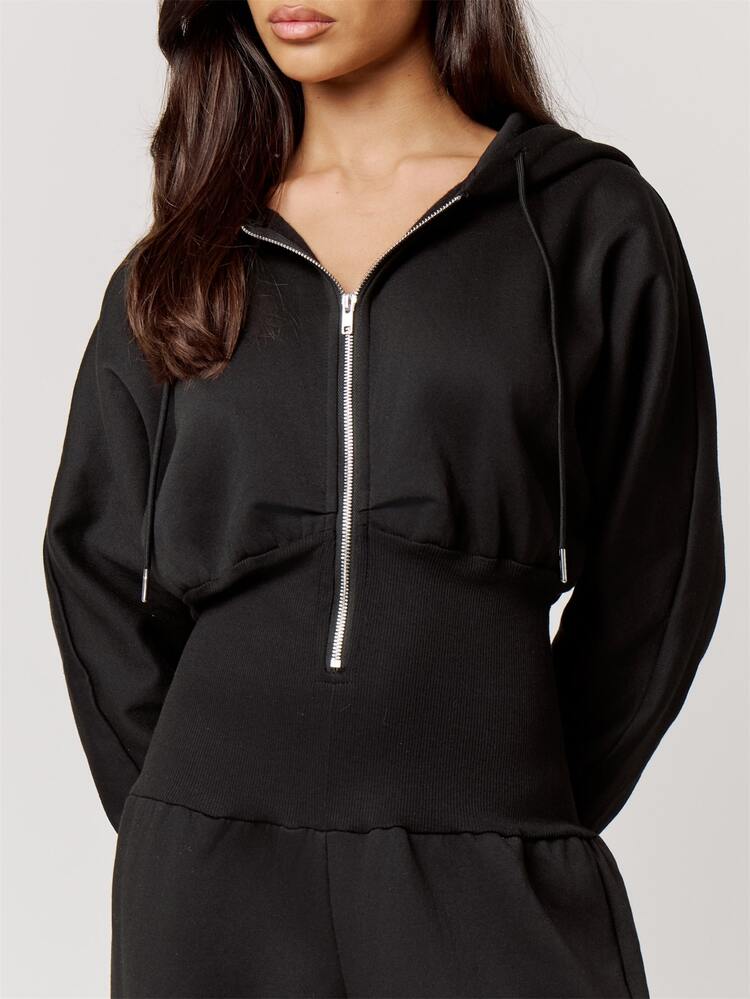 Musera Petite Black Hooded Zip Through Cinched Waist Jumpsuit Fall Autumn Winter Back To School Daily Everyday - Black - View 5