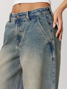 Musera Petite Wash Vintage Denim Baggy Oversized Knee Darts Jeans Autumn Winter Back To School Daily Everyday - Blue - View 4