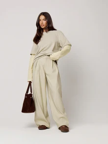 Musera Petite Beige Pleated Wide Balloon Leg Suit Trousers Fall Autumn Winter Back To School Daily Everyday - Khaki - View 2