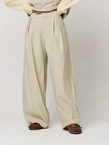 Musera Petite Beige Pleated Wide Balloon Leg Suit Trousers Fall Autumn Winter Back To School Daily Everyday - Khaki - View 1