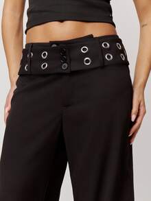 Musera Petite Black Woven Low Rise Eyelet Belted Wide Leg Trousers Fall Autumn Winter Back To School Daily Everyday - Black - View 4