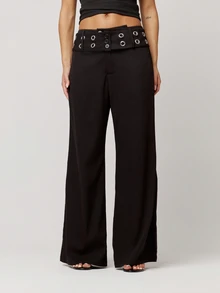 Musera Petite Black Woven Low Rise Eyelet Belted Wide Leg Trousers Fall Autumn Winter Back To School Daily Everyday - Black - View 2