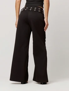 Musera Petite Black Woven Low Rise Eyelet Belted Wide Leg Trousers Fall Autumn Winter Back To School Daily Everyday - Black - View 3