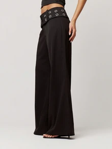 Musera Petite Black Woven Low Rise Eyelet Belted Wide Leg Trousers Fall Autumn Winter Back To School Daily Everyday - Black - View 5