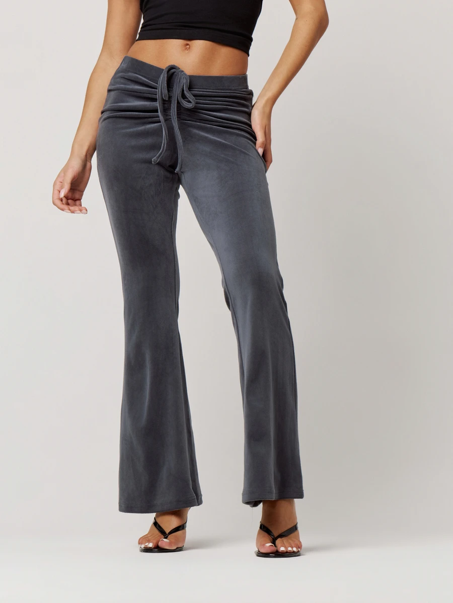 Musera Petite Grey Velour Low Waist Drawstring Tie Ruched Front Flared Trousers Fall Autumn Winter Back To School Daily Everyday - Grey - View 1
