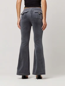 Musera Petite Grey Velour Low Waist Drawstring Tie Ruched Front Flared Trousers Fall Autumn Winter Back To School Daily Everyday - Grey - View 3