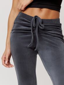 Musera Petite Grey Velour Low Waist Drawstring Tie Ruched Front Flared Trousers Fall Autumn Winter Back To School Daily Everyday - Grey - View 4