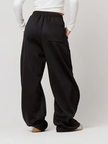 Musera Petite Pantalón de chándal negro con detalle de bolsillo, pierna ancha y cintura elástica, para otoño e invierno, vuelta al colegio, uso diario y cotidiano - Negro - Ver 3