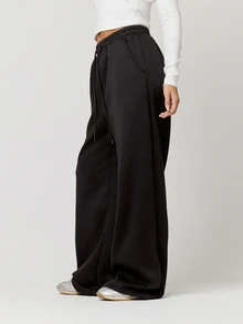 Musera Petite Pantalón de chándal negro con detalle de bolsillo, pierna ancha y cintura elástica, para otoño e invierno, vuelta al colegio, uso diario y cotidiano - Negro - Ver 5