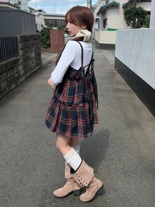 FRIFUL Áo hai dây nữ kẻ caro nhiều lớp viền bèo phong cách thường ngày cho mùa thu - Màu xanh hải quân - Xem 7