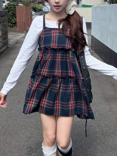 FRIFUL Women's Plaid Multi-Layer Frill Trim Casual Camisole