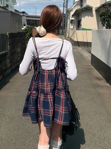 FRIFUL Áo hai dây nữ kẻ caro nhiều lớp viền bèo phong cách thường ngày cho mùa thu - Màu xanh hải quân - Xem 2