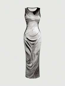 Eryvara 女士扎染印花紧身连衣裙、夏季长裙、绿色长款女装 - 黑色 - 查看 5