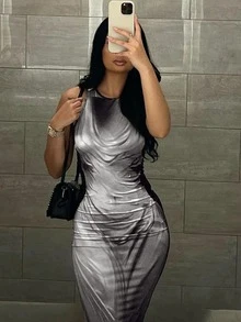 Eryvara 女士扎染印花紧身连衣裙、夏季长裙、绿色长款女装 - 黑色 - 查看 4