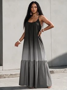 Eryvara 女士休闲度假沙滩旅行吊带圆领彩色扎染印花波西米亚风拼接A字荷叶边长裙，适合所有季节 - 灰色 - 查看 1