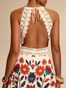 Eryvara Women's Floral Pattern Spaghetti Strap Hollow Out Design Dress - Beige - View 4