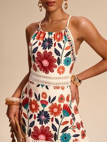 Eryvara Women's Floral Pattern Spaghetti Strap Hollow Out Design Dress - Beige - View 5