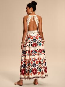 Eryvara Women's Floral Pattern Spaghetti Strap Hollow Out Design Dress - Beige - View 2