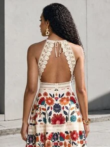 Eryvara Women's Floral Pattern Spaghetti Strap Hollow Out Design Dress - Beige - View 1