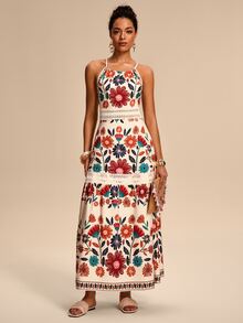 Eryvara Women's Floral Pattern Spaghetti Strap Hollow Out Design Dress - Beige - View 6