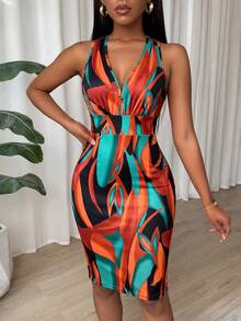 SHEIN Summer Tropical Print Halter Bodycon Mini Dress Deep V Ruched Waistband Sleeveless Backless Short Gown Club Beach Vacation Party Festival - Multicolor - View 5