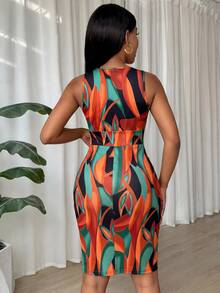 SHEIN Summer Tropical Print Halter Bodycon Mini Dress Deep V Ruched Waistband Sleeveless Backless Short Gown Club Beach Vacation Party Festival - Multicolor - View 4