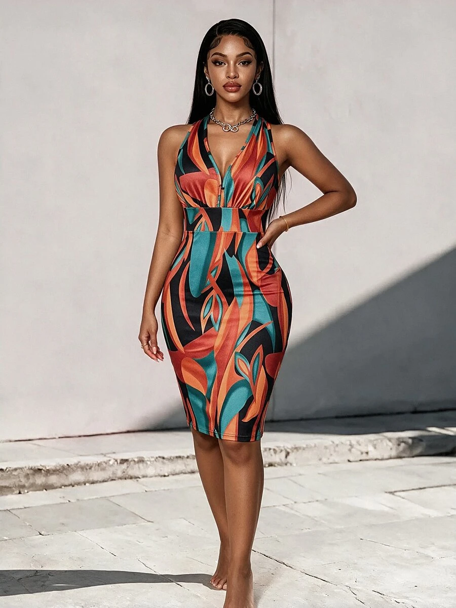 SHEIN Summer Tropical Print Halter Bodycon Mini Dress Deep V Ruched Waistband Sleeveless Backless Short Gown Club Beach Vacation Party Festival - Multicolor - View 1