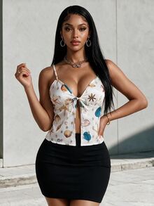 Eryvara 女士夏季度假贝壳印花系带吊带衫 - 杏色 - 查看 1