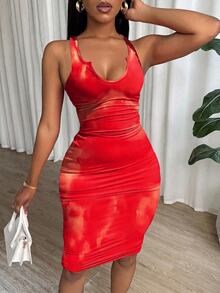 Eryvara Women Dresses Criss Cross Ruched Plain Tie Dye Seksi - Merah - View 3