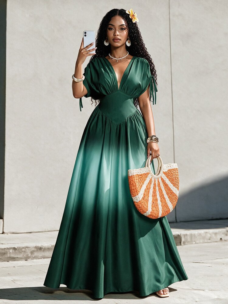 ombre green dress for wedding Eryvara Mint Summer Casual Elegant Holiday Vacation Women Print Tie Bow V-Neck A-Line Maxi Dress,Boho Elastic Waist Guest Outing Outfit fairy sage green wedding dress